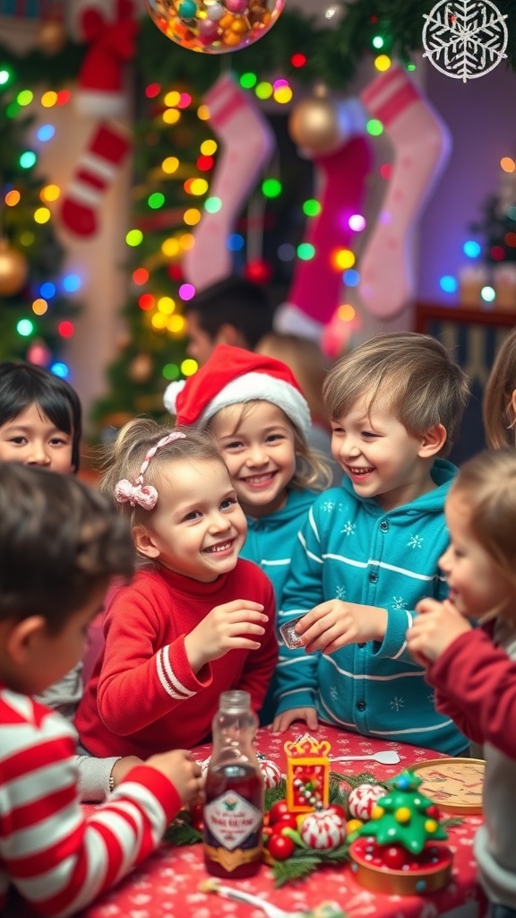 Children playing Christmas games at a festive party, surrounded by decorations and laughter.